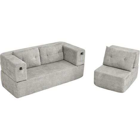 ELVMI Divano Modulare 2 Posti con Poltrona, Funzione Convertibile, Tasche Laterali, Tessuto, Grigio Chiaro (1/4)