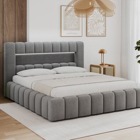 Letto contenitore 140x200 con rete e luci LED incluse, modello Auria, in velluto grigio (1/5)