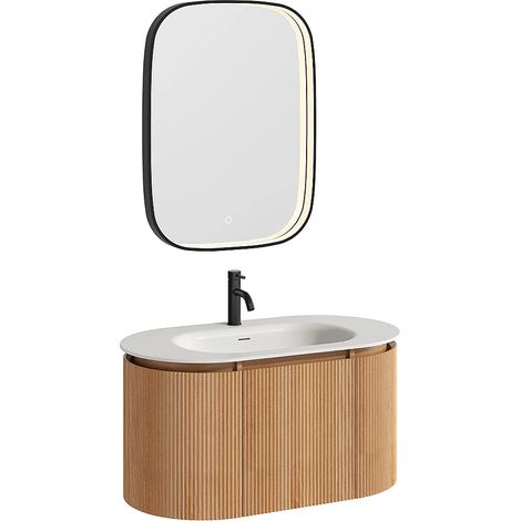 Mobile bagno sospeso scanalato in legno di frassino con lavabo da incasso, rubinetto e specchio Naturale chiaro L90 cm - LILIKO (1/5)