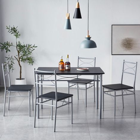 Dining Table and Chairs Set Metal Wood Effect Table Dining Set 4 Chairs Silvia BLACK (1/5)