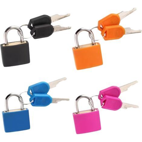 Set mit 4 Kofferschlössern inklusive Schlüssel, kleine Vorhängeschlösser für Gepäck, Schließfächer, Urlaubskoffer, Mini-Vorhängeschlösser in Schwarz, Orange, Blau und Rosa. (1/5)