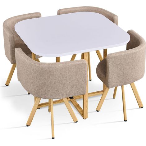 Table carrée 90cm avec 4 chaises gain de place Oslo Blanc et Tissu Taupe