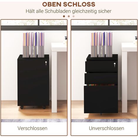 Armoire de rangement métallique noir verrouillable, 3 tiroirs, 37 x 43,5 x 60 cm, sur roulettes avec freins, étagère réglable à 3 niveaux, acier robuste. (1/5)