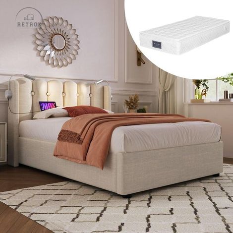 Lit coffre double hydraulique 90x200cm - avec tête de lit rechargeable et liseuse, coffre de lit avec sommier à lattes, lin- beige (avec matelas)