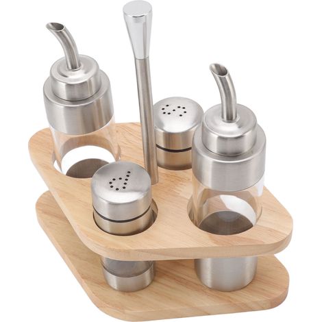 Gewürzflaschen-Set aus durchsichtigen Edelstahl-Pfefferflaschen mit Holzgestell für die Küche (1/5)