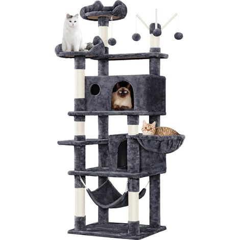 170cm Arbre à Chat Multiniveau Tour de Jeux Maison pour Chat avec Poteaux en Sisal 2 Niches Spacieuses Hamac Panier Jouets Amovibles Boules avec Clochette Gris Foncé (1/5)