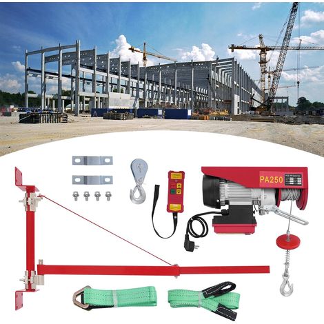 Elektrische Seilwinde 250 kg - 12 m Hubhöhe, Seilzug Elektrisch Flaschenzug mit Schwenkarm & Funkfernbedienung 550W sicherer Elektrohebezug für Garage Baustellen & Lager (verzögerte Halterung) (1/5)