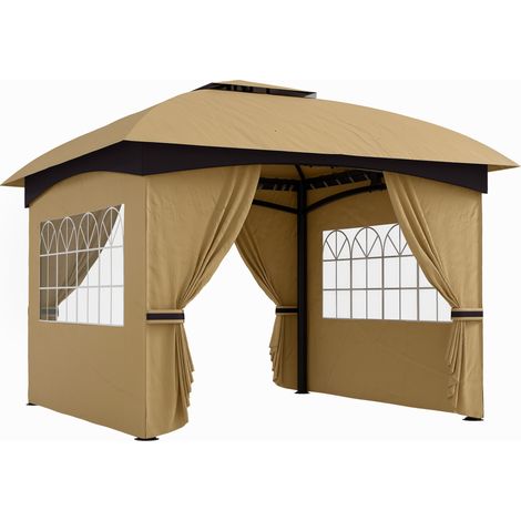 Pavillon de jardin 3,35x3,35 m avec toit double, cadre métal galvanisé, 4 parois latérales beige (1/5)