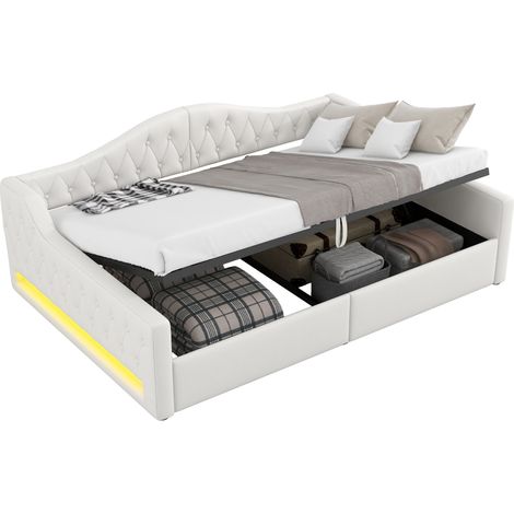 CHICFURN Cama doble 140x200 cm beige con almacenaje y LED de 7 colores (1/5)