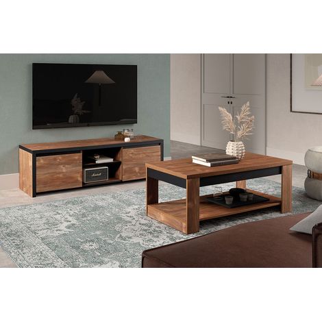 STALONE - Ensemble Salon Effet Bois Manguier Foncé et Noir (1/5)