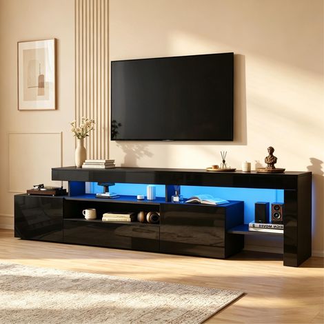 Meuble TV 192 cm noir avec LED, finition brillante, 3 portes, meuble bas de rangement pour téléviseur jusqu'à 85 pouces (1/5)