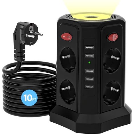 Multiprise verticale à 8 prises – Protection contre les surtensions – Station d'alimentation à 4 faces avec interrupteurs individuels – Veilleuse à intensité variable (3 niveaux) – Câble de 3,15 m