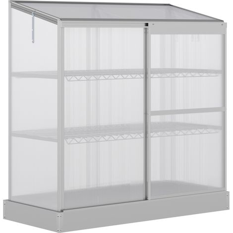 Outsunny 3 Tier Greenhouse Garden Outdoor Cold Frame Plant Flower Growth Transparent Polycarbonate Board Openable Roof Sliding Door w/ Foundation 131L x 58W x 140H cm