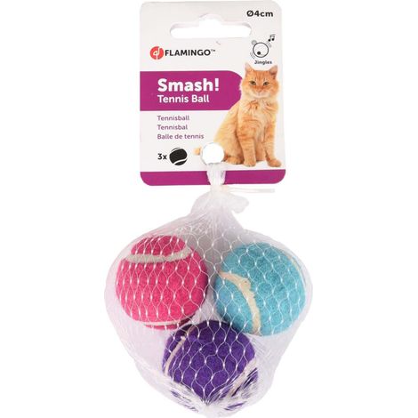 Jouet pour chat, 3 balles (forme de tennis) multicolore ø 4 cm + clochette - Flamingo (1/5)