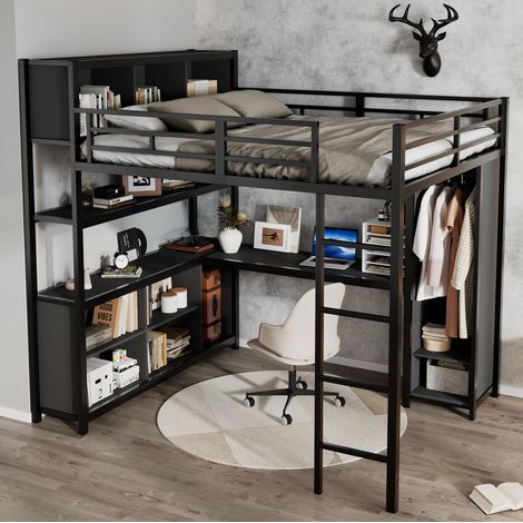 Lit mezzanine 140/200 cm noir en métal et panneaux de particules avec bureau, rangements et armoire (1/5)