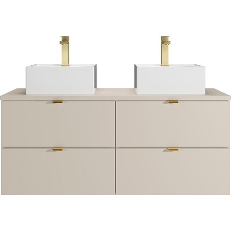 Mobile bagno sospeso con lavabo da appoggio quadrato e rubinetto Beige 120 cm - LAVENA (1/4)