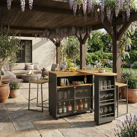 URBAN MEUBLE Table de bar d'extérieur extensible pivotante, Noire, avec éclairage LED, sur roulettes, 138–204x39x105cm