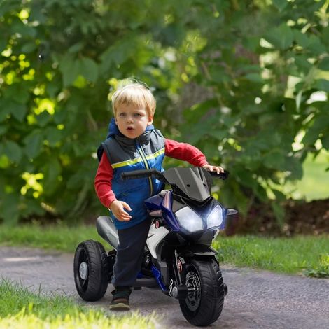 Moto eléctrica infantil 86x42x52 cm, luces y sonidos, 3 km/h, recargable, plástico azul (1/5)