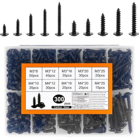 300 PiècesVis à Tôle, M3 M4 Vis Autotaraudeuses Métal, Vis à Tête Plate Noires, vVis à Tête Bombée de Carrosserie pour Métal, Fixation en Bois, Tôle