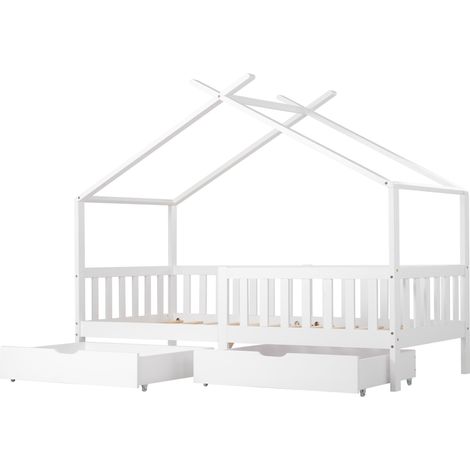 Lit cabane enfant blanc 200 x 90 cm avec 2 tiroirs, barrières de sécurité et sommier à lattes (1/5)