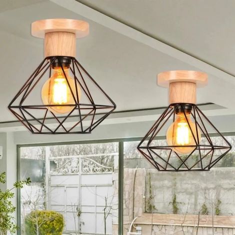 U-Do 2Pcs Plafonnier Industriel en Fer Bois design Vintage Lampe de Plafonde Luminaire Brillant E27 40W pour Cuisine Bureau Salon (1/4)