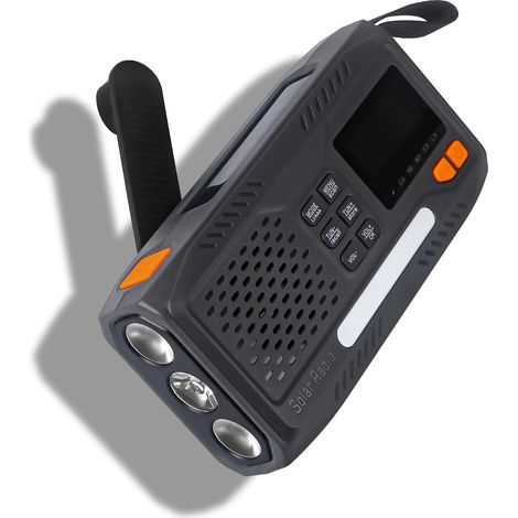 Radio d'urgence, à manivelle, FM/DAB+/DAB - Radio solaire portable avec batterie externe de 4000 mAh, chargeur de téléphone, charge USB, manivelle, alarme SOS, lampe de poche 3 modes (1/5)
