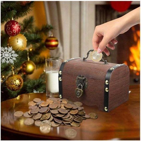 Tirelire en bois, coffre au trésor vintage avec serrure et clés, petite boîte décorative pour économiser de l'argent, décoration d'intérieur rétro, cadeaux de fête pour enfants et adultes (marron) (1/5)