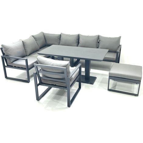 Fimous Aluminum Outdoor Garden Furniture Set Corner Sofa Big Footstool Chair Adjustable Rising Lifting Dining Table Sets Dark Grey (1/5)