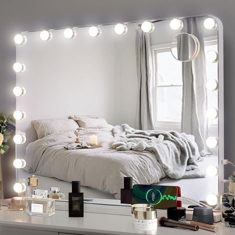 80x60cm Hollywood Vanity Mirror with Lights, 20 Dimmable Led Bulbs, 3 Colors Lighting Modes, Lighted Makeup Mirror with 10x Magnification, USB Charging Port, Touch Control, Wall and Table Mirror (1/5)