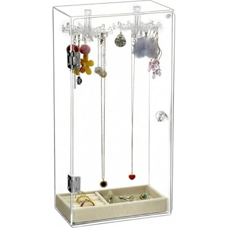 Support à bijoux, organisateur de colliers, boîte à colliers en acrylique, avec crochets et plateau rotatifs, rangement de bagues, colliers, bracelets (1/5)