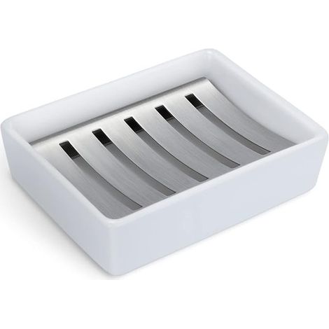 Boîte à savon, céramique avec plateau en acier inoxydable, boîte à savon double Drain, meuble de salle de bain créatif (1/5)