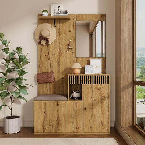 Flurmöbel mit Schrank, Haken, Spiegel und Kissen – Flurmöbel mit Wandelement, Regal – 110 x 37 x 185 cm – Holz