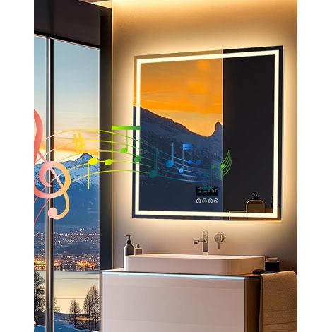 Specchio Bagno Led con Bluetooth Orologio 80x80 cm Retroilluminato + Frontale Luce, Antiappannamento, 3000K-6000K, Dimmerabile, Memoria (1/5)