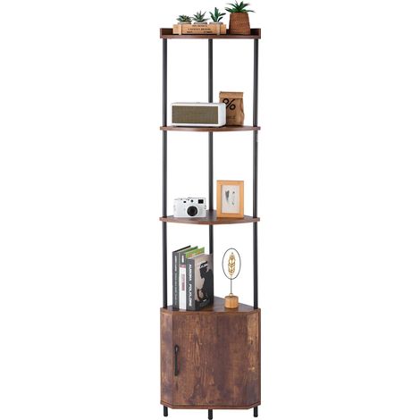 VEVOR Scaffale Angolare a 5 Ripiani, Scaffale ad Angolo con Luce LED e Ante, Mensole da Parete, Struttura in Metallo e Ripiani in Legno, Libreria Stretta per Casa e Ufficio, Marrone Rustico (1/5)