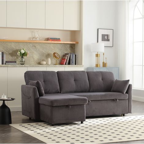 Canapé convertible en velours côtelé gris foncé 206 cm avec méridienne réversible et rangement (1/5)