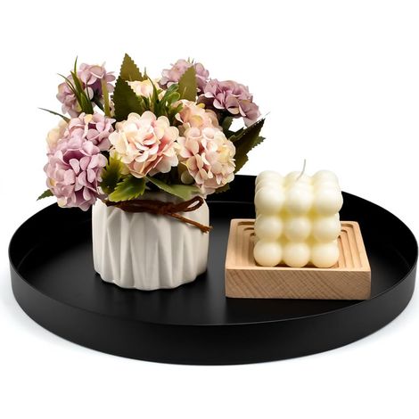 Plateau décoratif rond noir 30 cm Plateau rond en acier inoxydable Assiette décorative Plateau de rangement de maquillage en métal noir Plateau décoratif noir mat Plateau décoratif en métal pour (1/5)