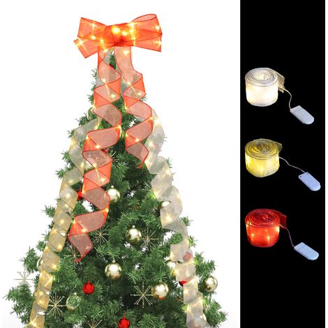 Lot de 3 guirlandes lumineuses LED transparentes en ruban (5 cm) avec lumières chaudes dorées, argentées et rouges. Décorations de Noël pour sapin de Noël. Ruban à nœud de 5 cm x 2 m (fonctionne avec (1/2)