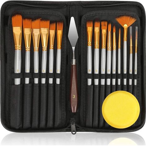 Ensemble de 18 pinceaux pour peinture à l'huile, pinceaux acryliques professionnels pour peinture sur toile et céramique - 15 tailles. Contient : 1 pinceau, 1 support de rangement, 1 couteau à estompe (1/5)