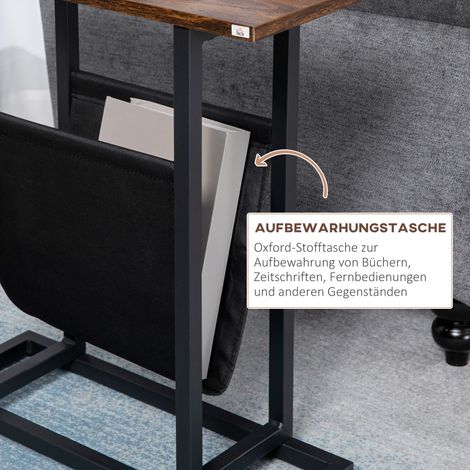 Table d'appoint, table de chevet design étroit, avec poche en tissu, acier, brun foncé+noir, 49 x 19 x 55cm (1/4)