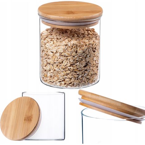KADAX Glasbehälter mit Bambusdeckel, Vorratsgläser, Rund, 800 ml