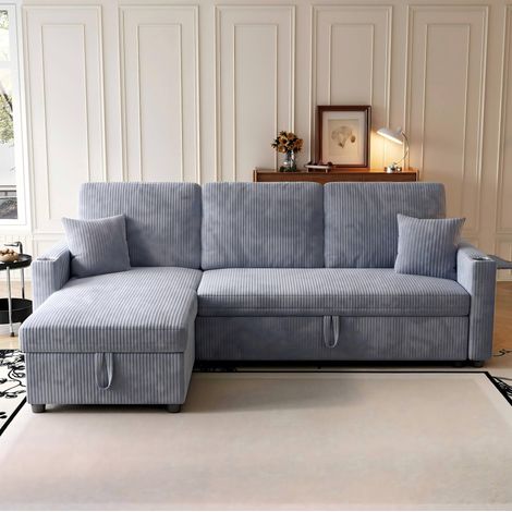 Ecksofa mit Schlaffunktion und Bettkasten aus grauem Cord HAVRYA (1/5)