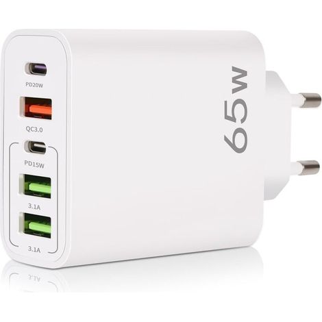 Chargeur USB C, 65W 5 Ports Chargeur USB C avec Chargeur Rapide Intelligent QC 3.0, Adaptateur d'alimentation USB pour iPhone 15 14 13 12 11 Pro Max SE 2020 XS XR 8 7, Samsung