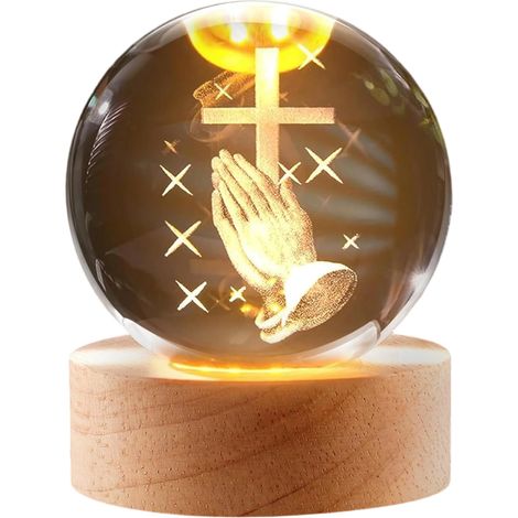 Veilleuse Boule Jésus - Statue 3D en Cristal avec Base en Bois - Lampe Religieuse pour Chambre Bureau - 1 Pièce (1/5)