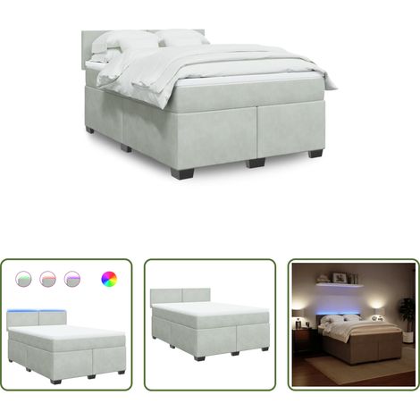 vidaXL LED-Beleuchtung - Boxspringbett mit Matratze Hellgrau 140x200 cm Samt (1/5)