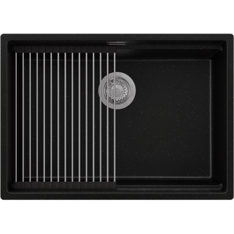 PRIMAGRAN Evier Cuisine en Granit 66x47cm,Lavabo 1 bac + Kit de Vidage + Égouttoir Enroulable, Évier à Encastrer au meuble 70cm - Prague Slim, Noir Métallisé (1/5)