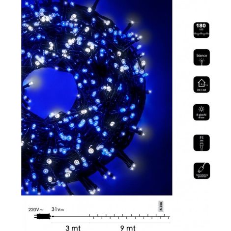 Catena di luci bicolore Natale 180 led serie luminosa natalizie cavo verde albero feste decorativa luce bianco rosso blu calda  Bianco- Blu