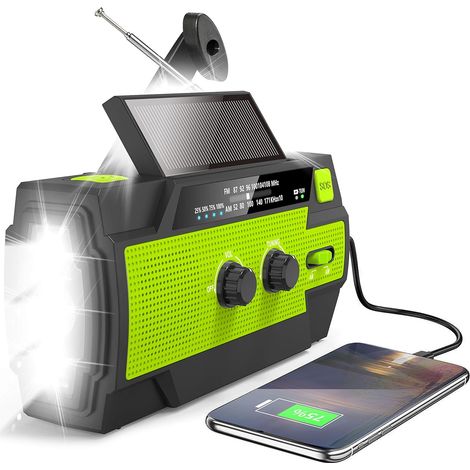 Radio solaire, radio AM/FM d'urgence rechargeable avec dynamo 4000 mAh, lampe torche puissante, lampe de lecture à détecteur de mouvement et alarme SOS. (1/5)