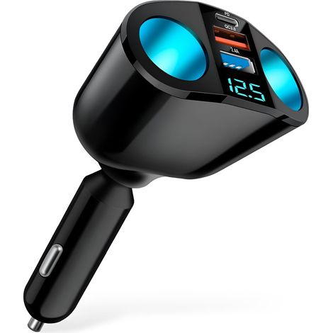 1 Chargeur Allume-Cigare, 2 Prises 12V/24V, Port USB C PD 30W, QC3.0, Voltmètre LED, Pour Voiture, Camion (1/5)