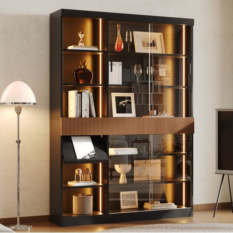 Vitrina 120x28,5x180 cm de MDF y vidrio templado negro y marrón con LED – MEUBLIV (1/5)