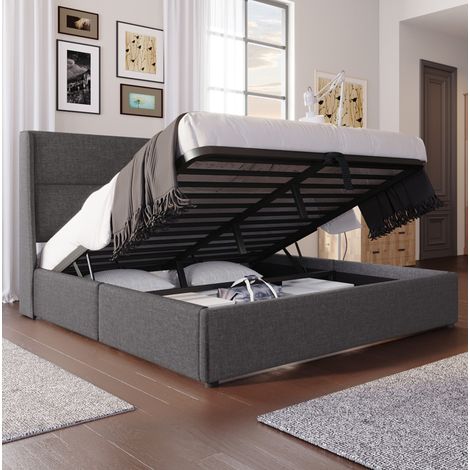 Cama doble 160x200 cm gris de lino con colchón, cabecero ajustable y almacenamiento hidráulico (1/5)